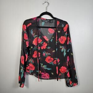 Express World Brand Silk Sheer Blouse Black & Red V Tie Neck Womens 11/12 Medium